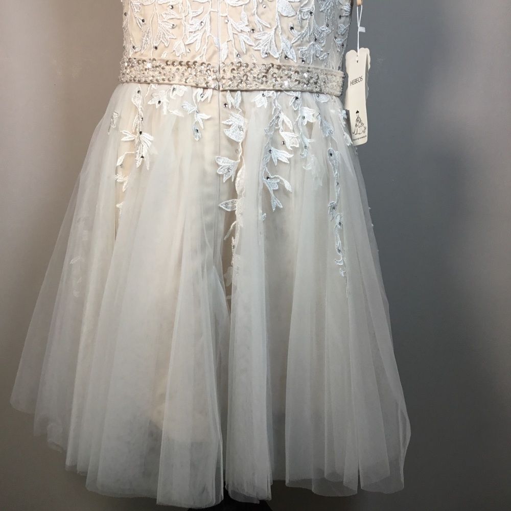 NWT blush pink and white embroidery leaf toile Hebeos short wedding dress 18/20W - Picture 6 of 9